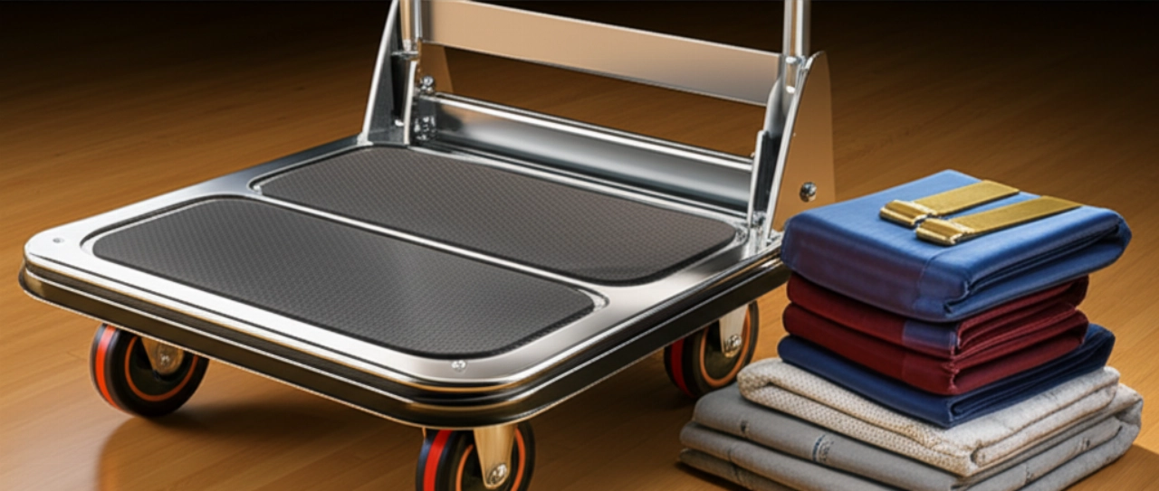 Carrello per pianoforte e cinghie di trasporto professionali, pronti all'uso su un pavimento in legno lucido, che mostrano la robustezza dell'attrezzatura.