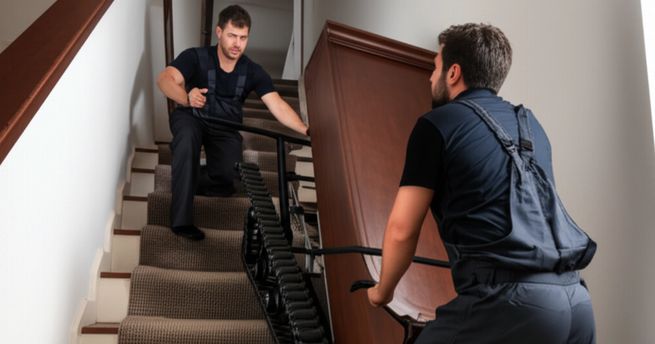 Due traslocatori caucasici esperti scendono con cura un pianoforte verticale da una scala, utilizzando un carrello cingolato specializzato per il trasporto di pianoforti.