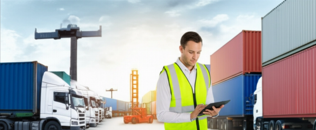 Responsabile logistico caucasico in un moderno hub di trasporti internazionali, con camion e container sullo sfondo.
