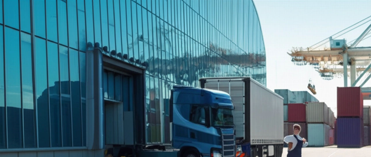 Camion moderno in un porto europeo, con container e operaio caucasico, che simboleggia il commercio globale.