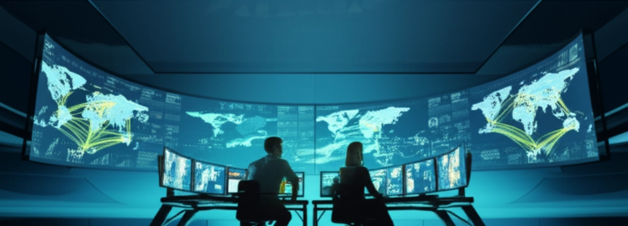 Interno di un centro di controllo logistico futuristico con professionisti caucasici che monitorano rotte di spedizione globali su schermi, simboleggiando la gestione intelligente dei trasporti.