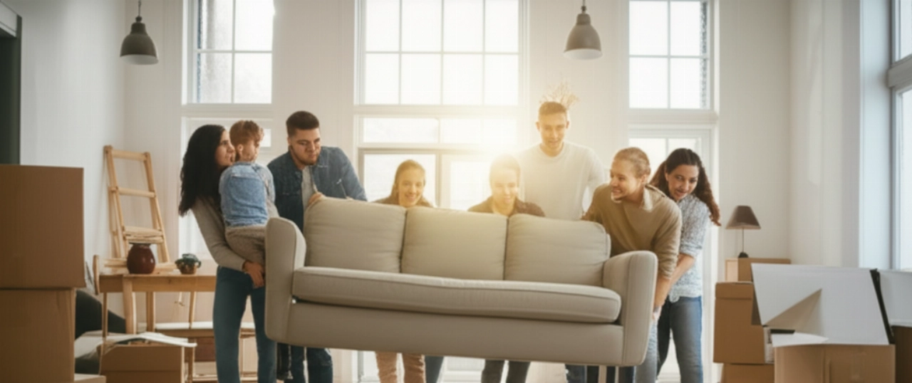 Un gruppo di amici o familiari caucasici sorridenti che collaborano con energia per trasportare un divano in un nuovo, spazioso soggiorno inondato di luce.