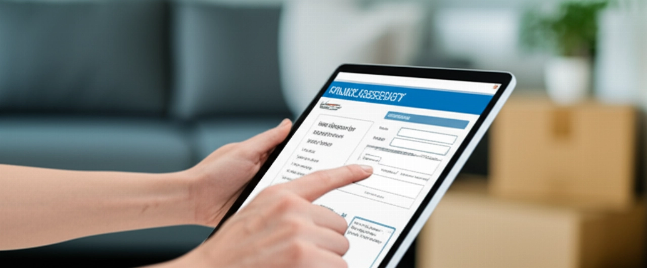 Mani caucasiche che interagiscono con un tablet o laptop che mostra un modulo online per il cambio di residenza.