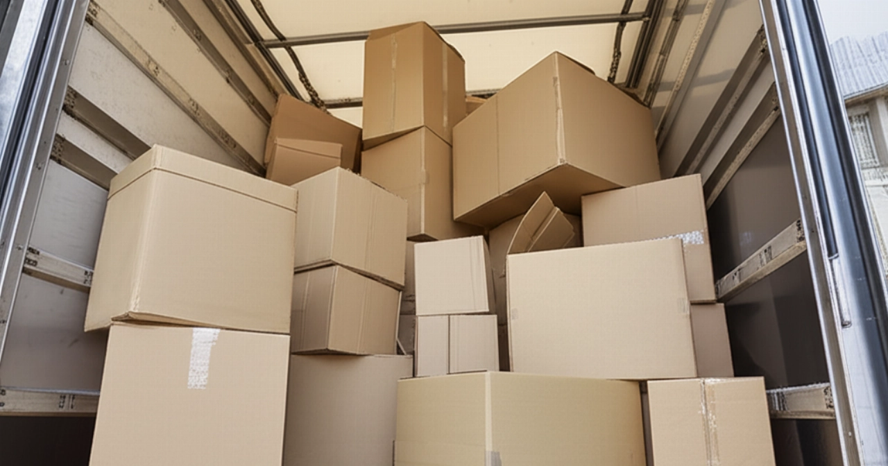 Un grande mucchio di scatole per trasloco di cartone all'interno di un camion o di un ampio corridoio, pronte per il trasporto.