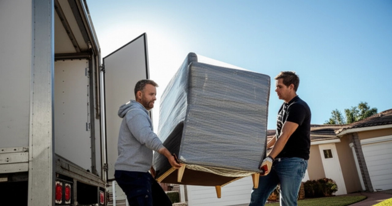 Due uomini caucasici che trasportano un grande mobile verso un camion da trasloco.