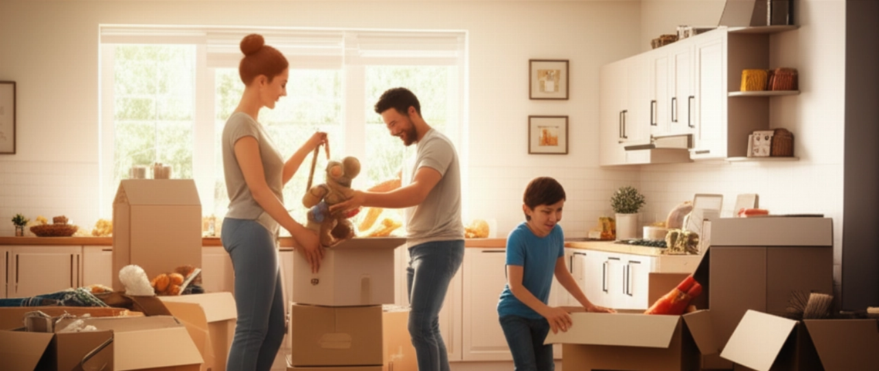 Famiglia caucasica che disimballa felice scatole nel loro nuovo soggiorno luminoso.