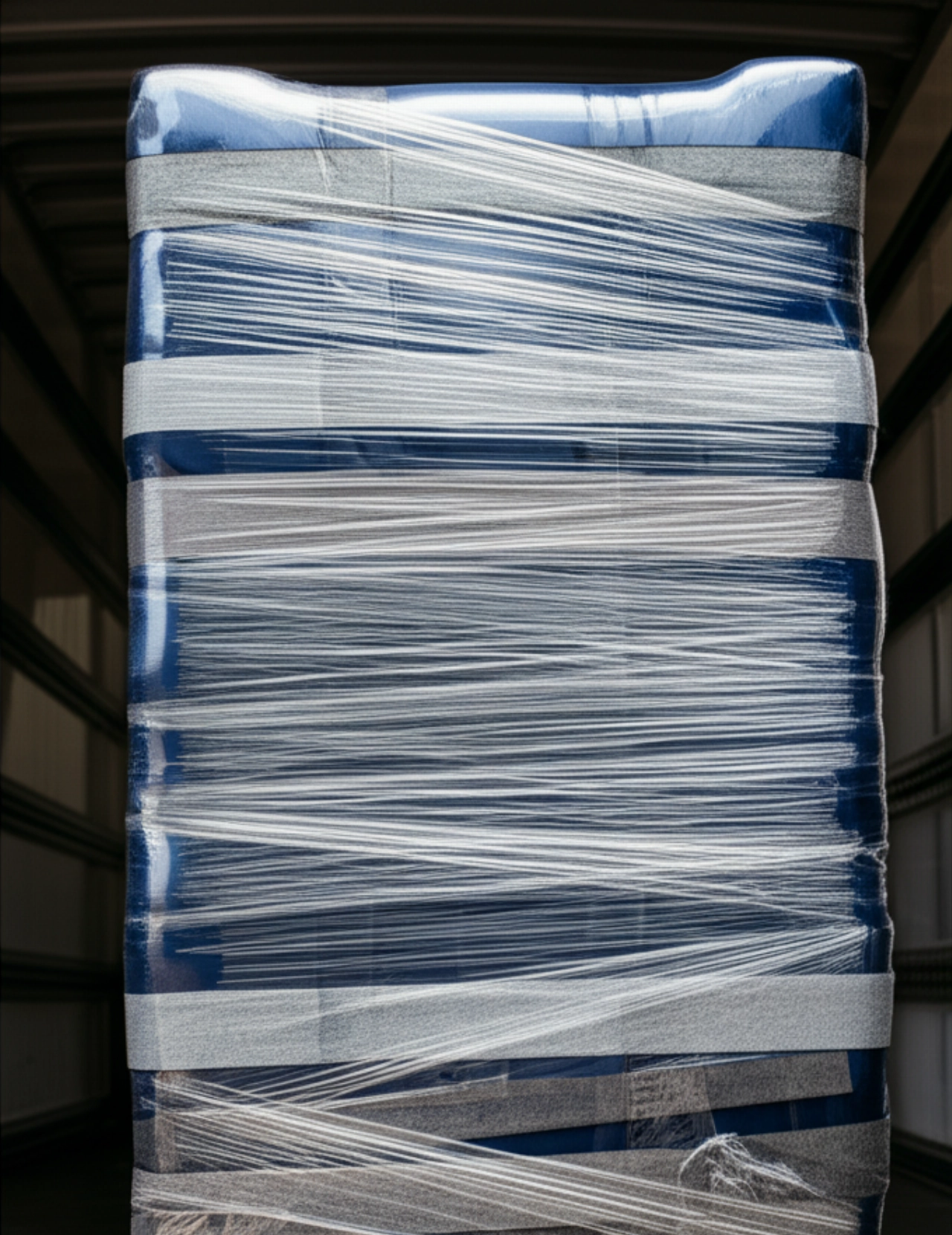 Divano blu scuro completamente imballato con pellicola protettiva e coperte, pronto per il trasporto.