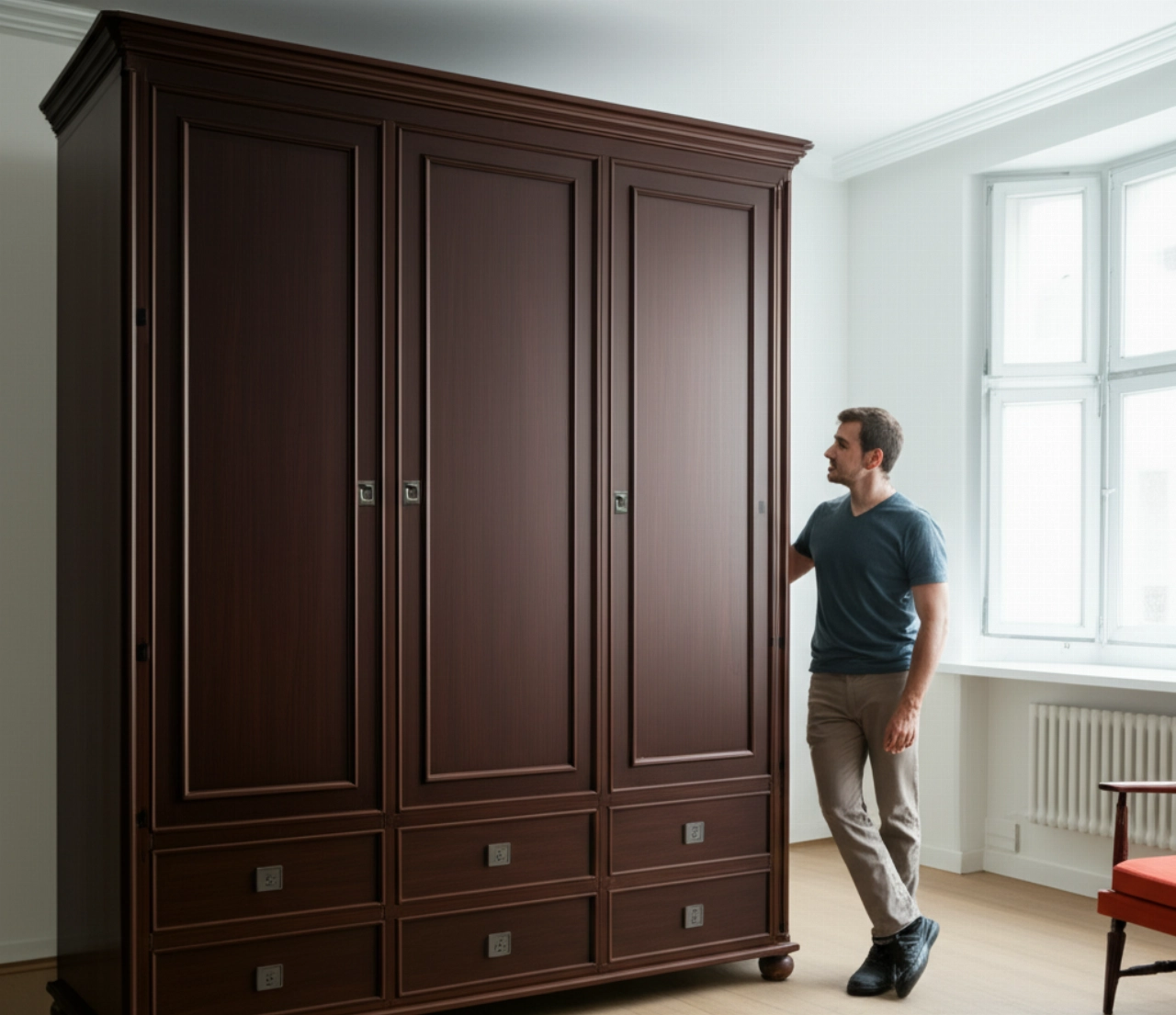 Un grande armadio di legno è posizionato con successo nella sua nuova posizione, con un uomo caucasico soddisfatto accanto.