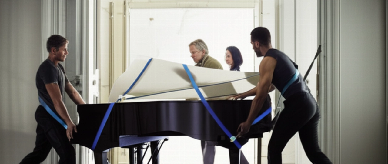 Tre persone caucasiche spostano con cautela un pianoforte a coda attraverso una porta usando cinghie professionali.