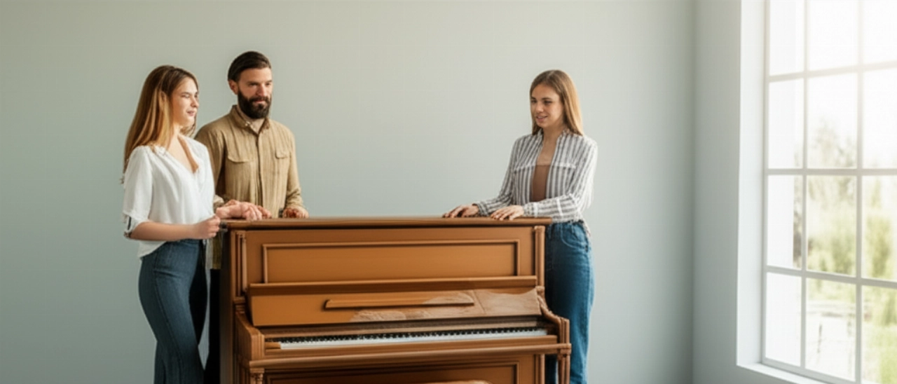 Un pianoforte verticale posizionato con successo in una nuova stanza luminosa, con due persone caucasiche soddisfatte.