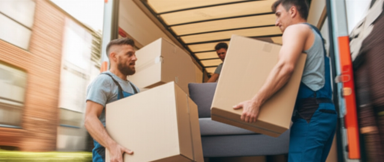 Due traslocatori professionisti caucasici caricano efficientemente scatole e un divano su un camion, illustrando il servizio e lo sforzo fisico.