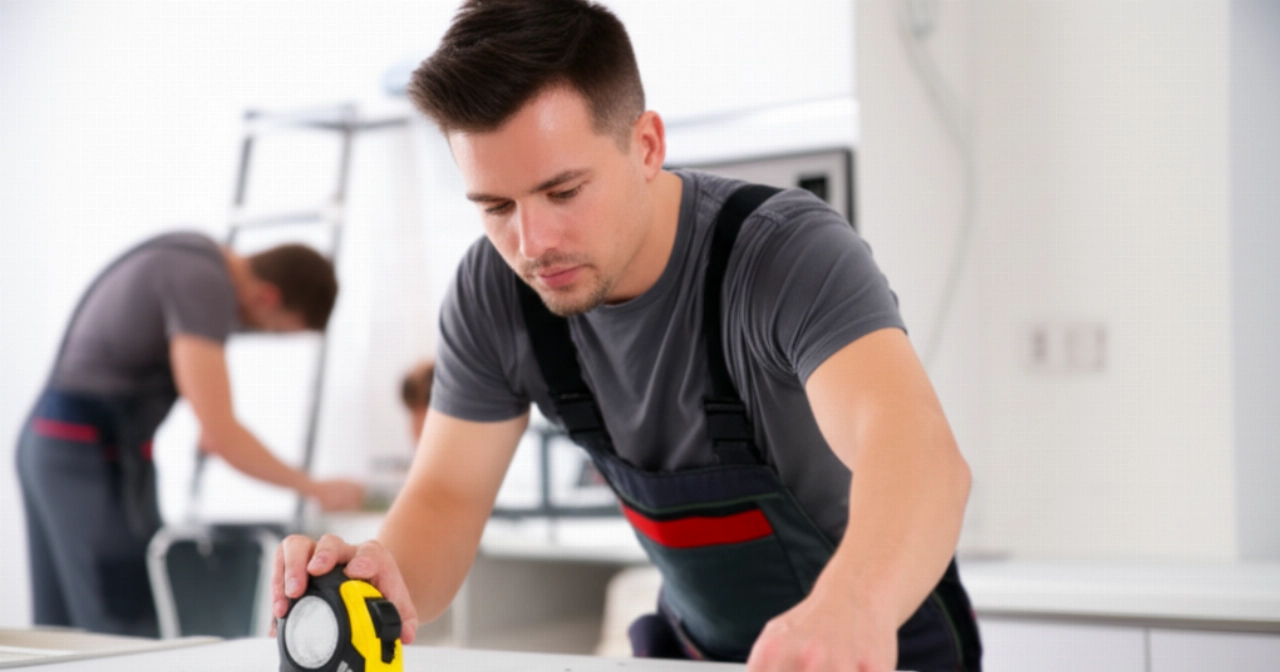 Tecnici caucasici assemblano con precisione una cucina, con un operaio che misura un piano di lavoro e un altro che collega un elettrodomestico.