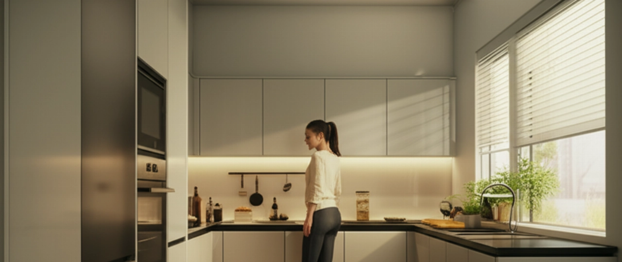 Una donna caucasica sorridente ammira la sua cucina moderna appena rimontata, che appare pulita, funzionale e invitante.