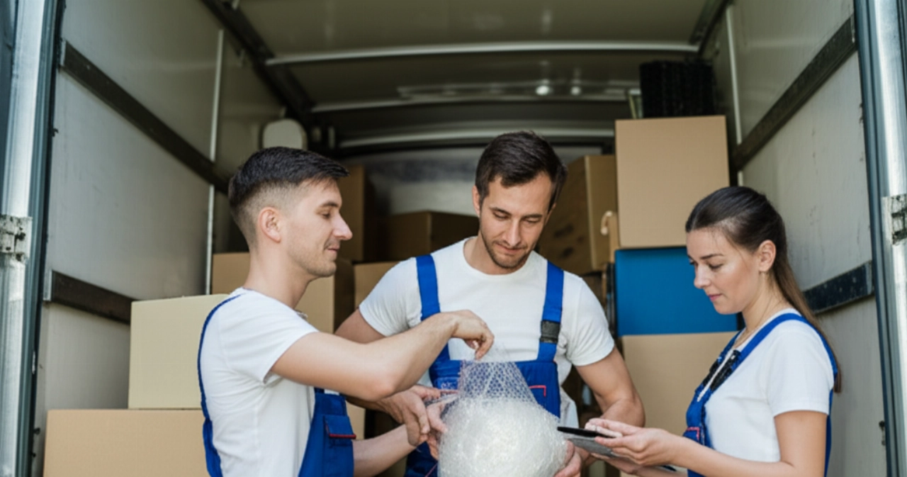 Traslocatori professionisti caucasici caricano un camion, evidenziando efficienza e cura nel trasporto a distanza.