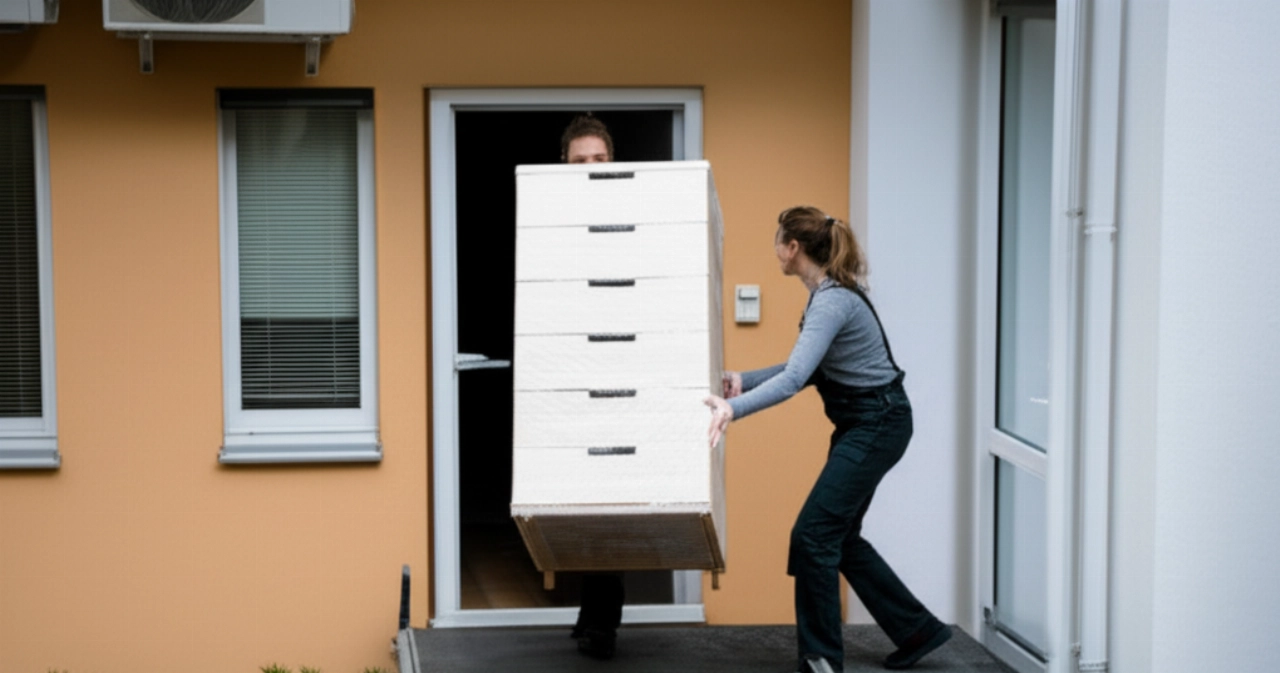 Traslocatrice caucasica che scarica con precisione un mobile di grandi dimensioni da una piattaforma di trasloco esterna in un appartamento.
