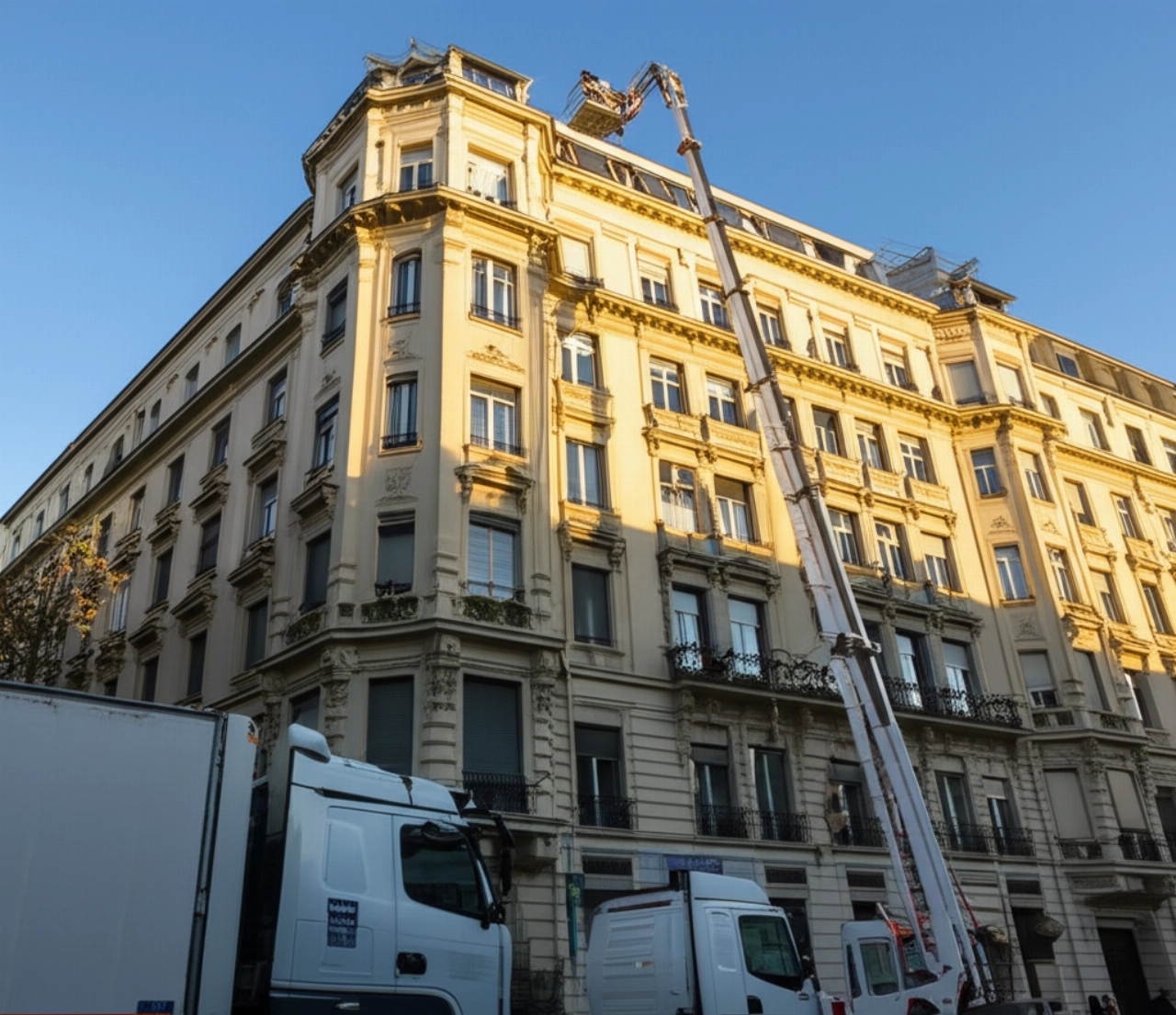 Ampia veduta di un trasloco residenziale con una piattaforma esterna che raggiunge un appartamento al piano alto di un edificio classico europeo.