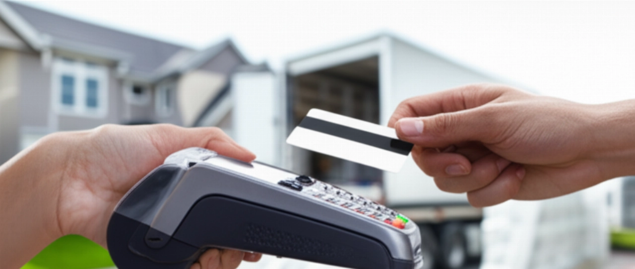 Mani caucasiche che effettuano un pagamento con carta di credito su un terminale portatile, con un camion di trasloco sullo sfondo, simboleggiando i costi di trasloco.
