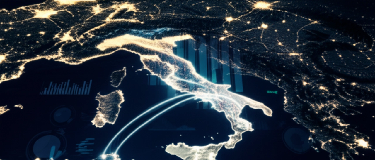 Mappa stilizzata dell'Italia con una rotta di trasloco interregionale illuminata e grafici finanziari sovrapposti che simboleggiano i costi e la distanza.