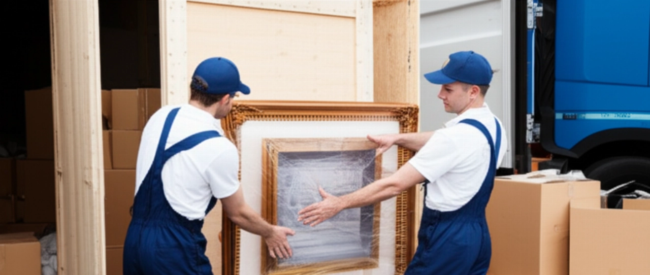 Traslocatori caucasici professionisti che imballano con cura oggetti per una spedizione internazionale, con scatole e un container sullo sfondo.