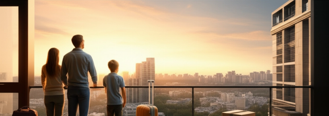 Famiglia caucasica su un balcone, che guarda lo skyline di una nuova città straniera al tramonto, dopo un trasloco internazionale.