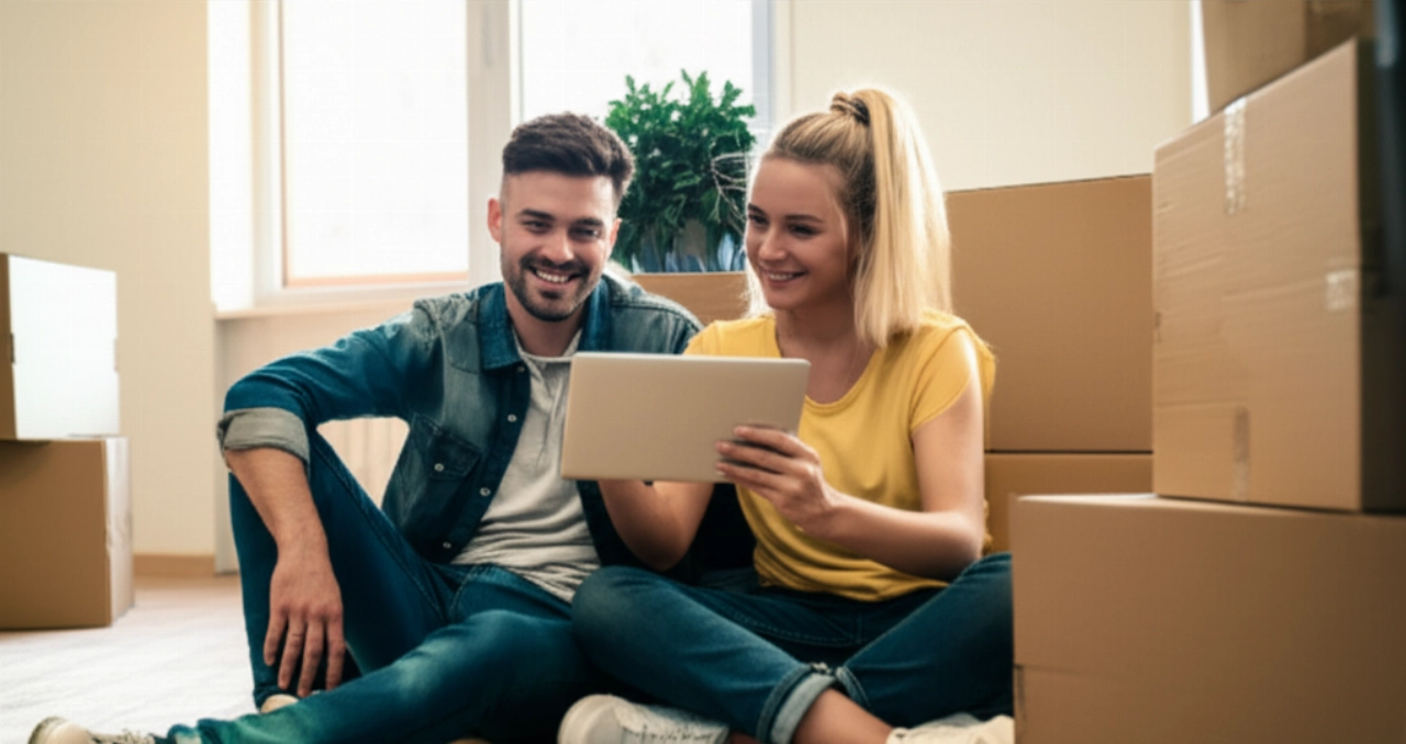 Coppia felice nella loro nuova casa, sollevata dopo un trasloco di mobili riuscito ed economico.