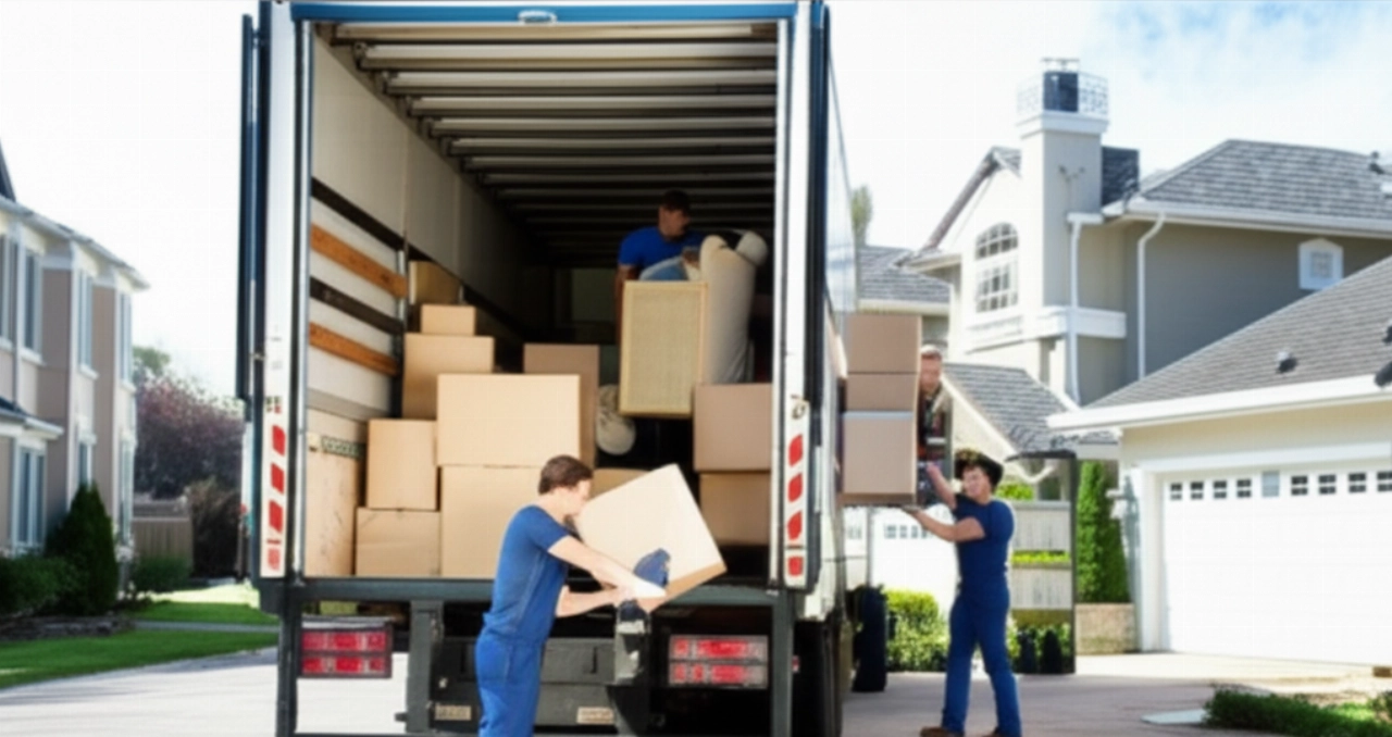 Traslocatori professionisti che caricano in modo efficiente mobili e scatole su un grande camion da trasloco, mostrando un servizio di trasloco completo.