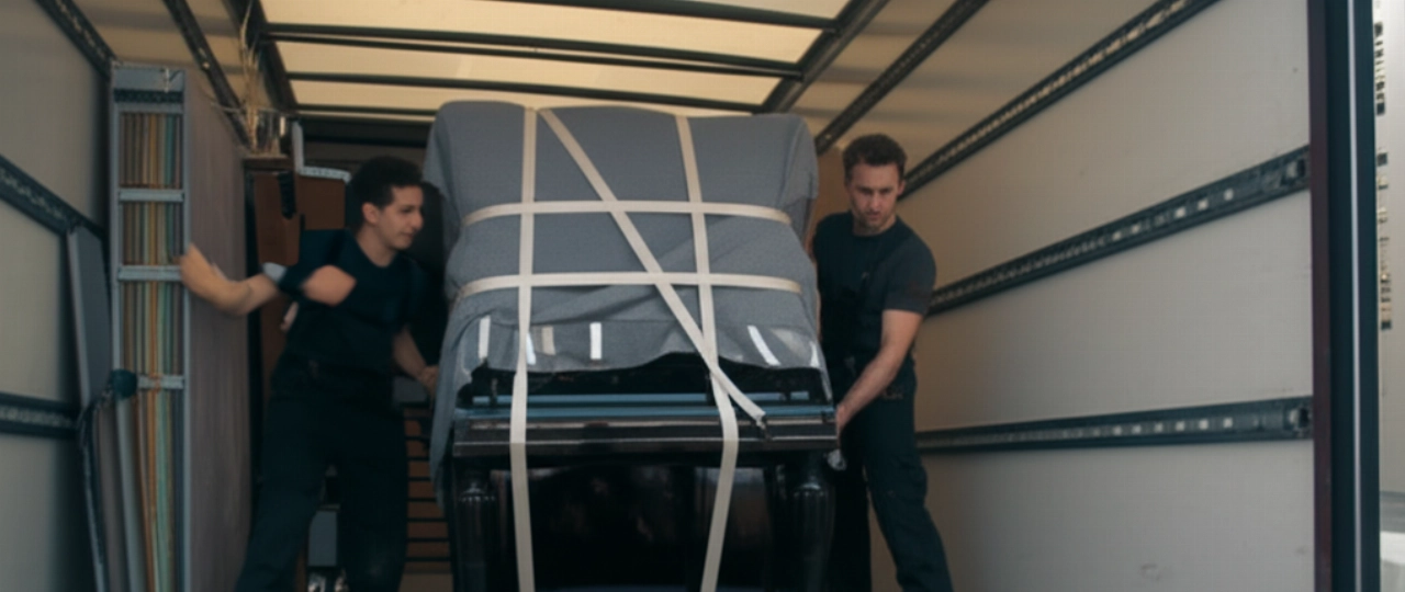 Pianoforte verticale avvolto in coperte protettive mentre viene caricato su un camion da trasloco professionale, mostrando la preparazione per il trasporto sicuro.