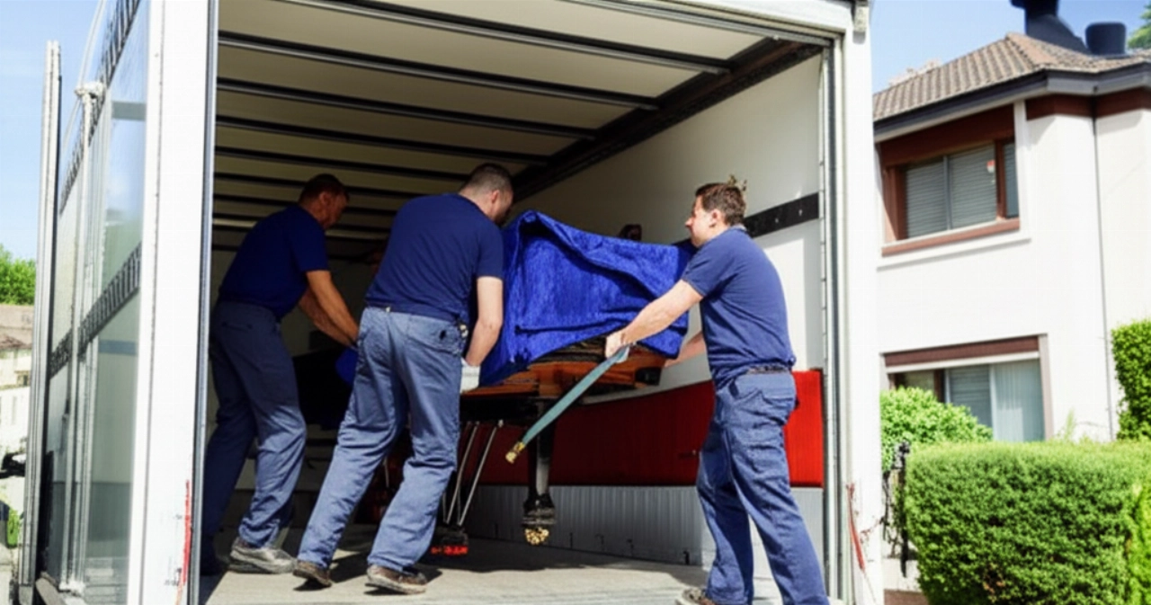 Due traslocatori professionisti caucasici caricano con attenzione un pianoforte a coda su un camion specializzato tramite una rampa.