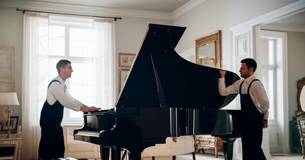 Un pianoforte a coda nero lucido posizionato perfettamente in un elegante salotto, con un traslocatore professionista caucasico che ne ammira la sistemazione.