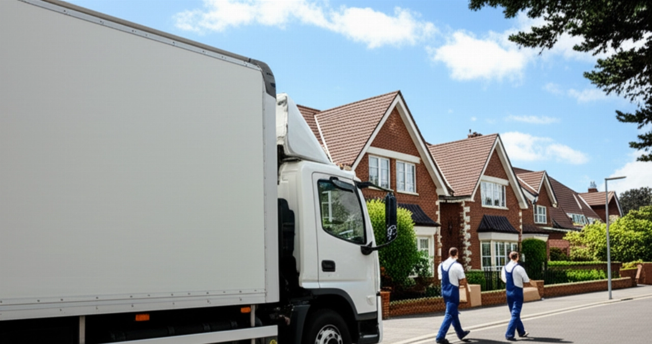 Un grande camion per traslochi moderno e pulito parcheggiato davanti a una casa, con due traslocatori caucasici che si avvicinano, sotto la luce del sole.