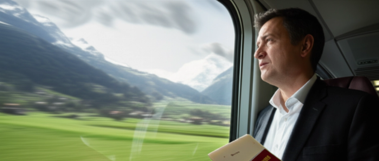 Uomo caucasico in treno con documenti di viaggio, osserva il paesaggio cambiare dalle Alpi svizzere alla campagna italiana.