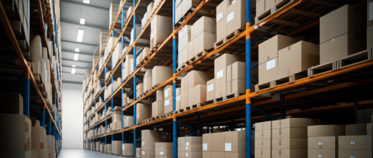Un'ampia corsia di magazzino con pile ordinate di scatole di cartone di varie dimensioni su scaffalature industriali.