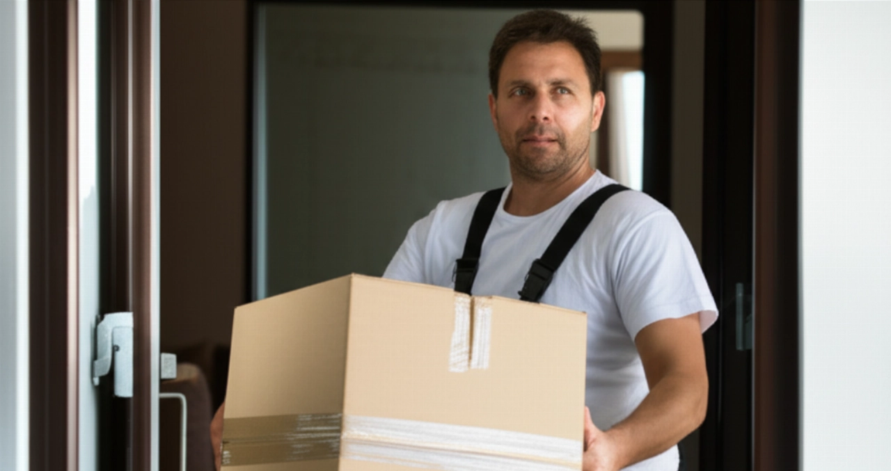 Traslocatore professionista caucasico che trasporta con cura una scatola in una casa.