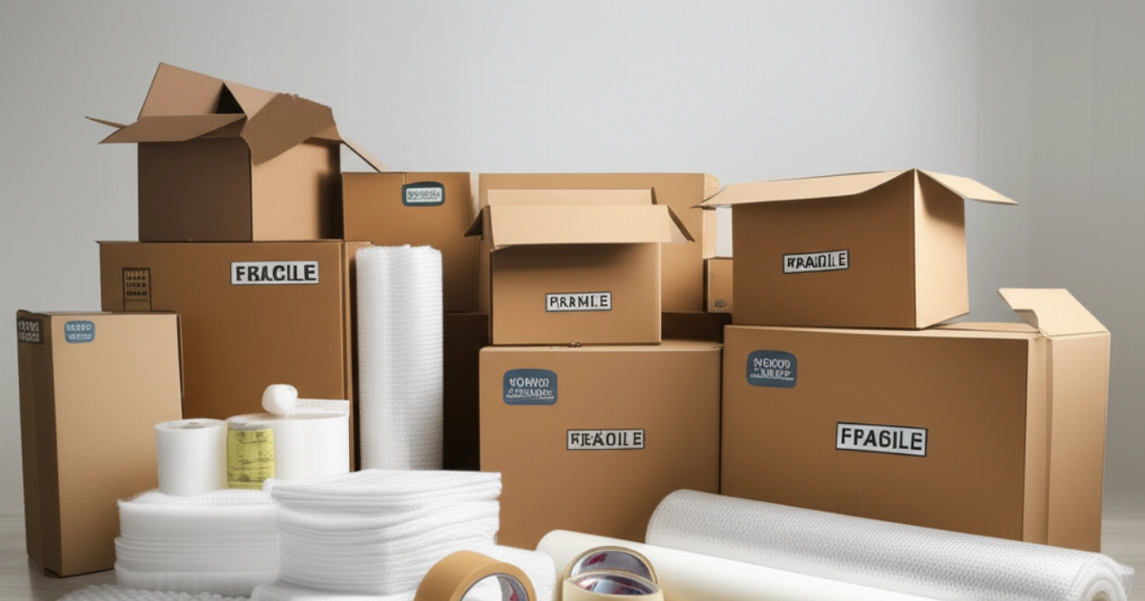 Un assortimento ben organizzato di scatole di cartone, pluriball, nastro adesivo e altri materiali per imballaggi da trasloco.