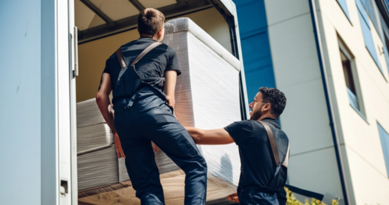 Due traslocatori professionisti caucasici caricano un mobile voluminoso su un moderno camion di trasloco.