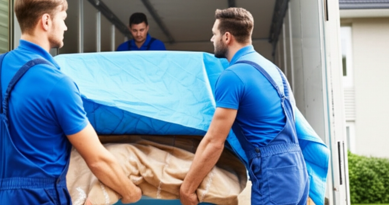 Un camion per traslochi moderno e pulito parcheggiato davanti a una casa, con due traslocatori caucasici professionisti che fissano con cura un mobile. L'immagine evidenzia precisione e affidabilità.
