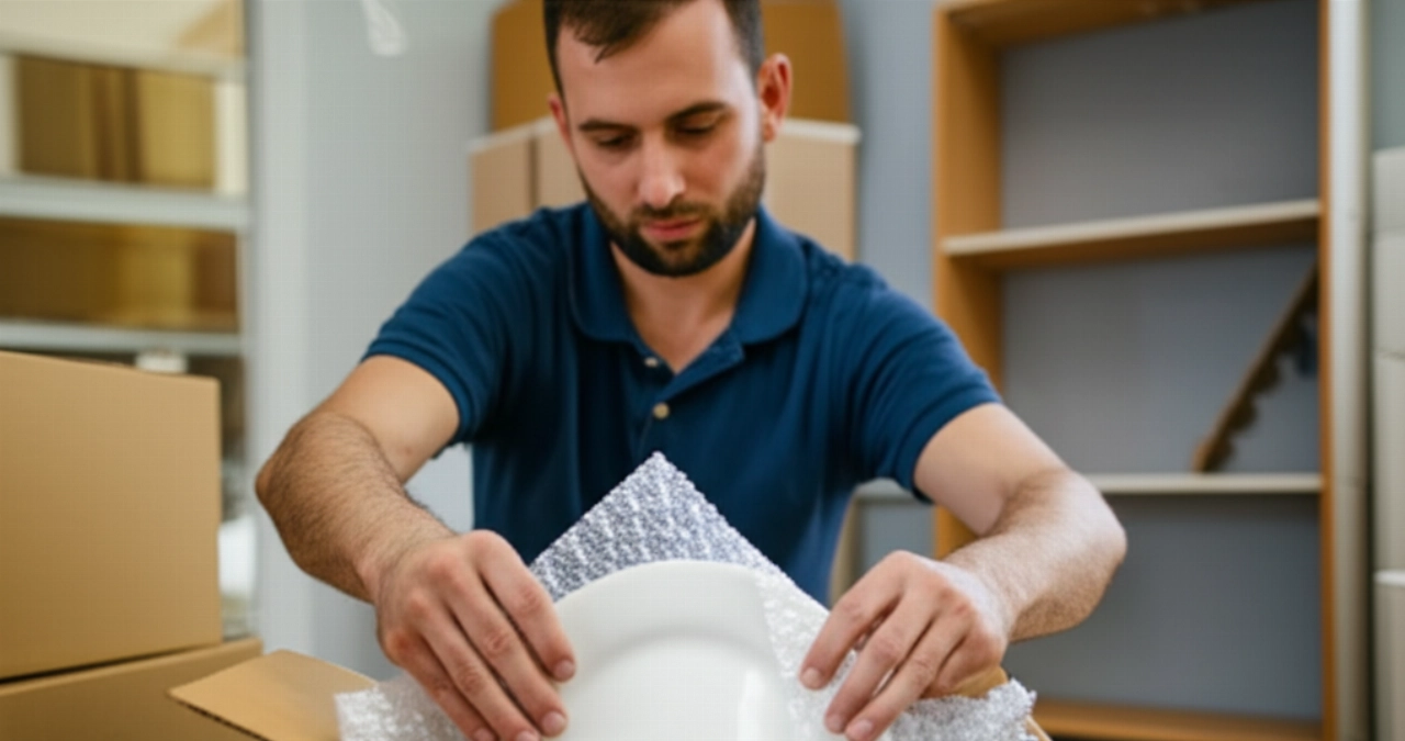 Uomo caucasico che imballa con cura un piatto in una scatola per il trasloco.