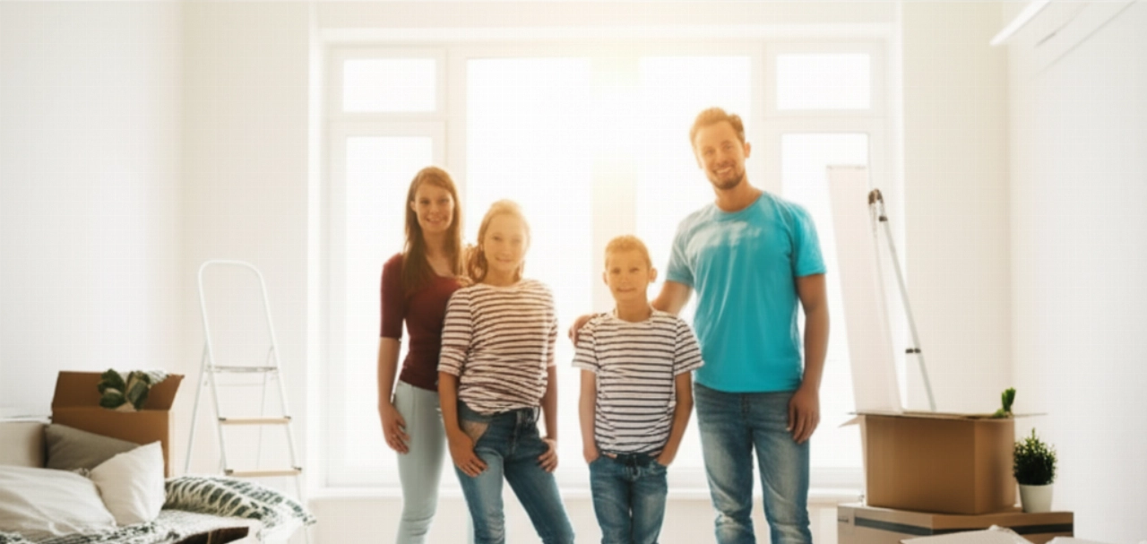 Una famiglia caucasica sorridente inizia a disfare i bagagli nella luminosa sala del loro nuovo appartamento, circondata da scatole.