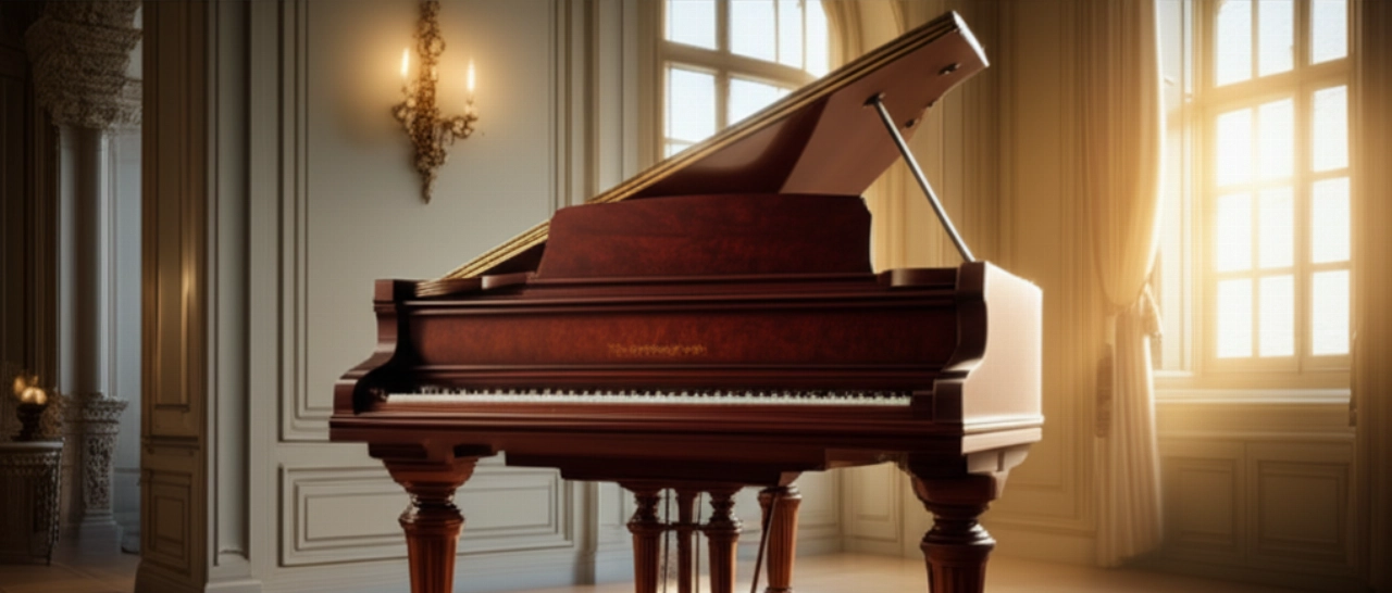 Un imponente pianoforte a muro antico in mogano scuro in un salone classico, che ne evidenzia la solida e pesante presenza.