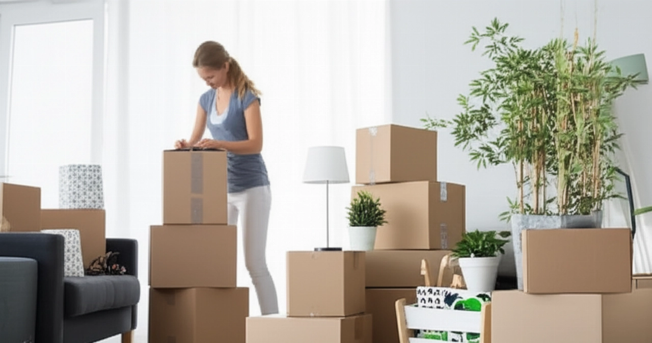 Scatole da trasloco e oggetti domestici ben organizzati in un soggiorno luminoso, con una donna caucasica sorridente sullo sfondo, che rappresenta un piccolo trasloco efficiente.