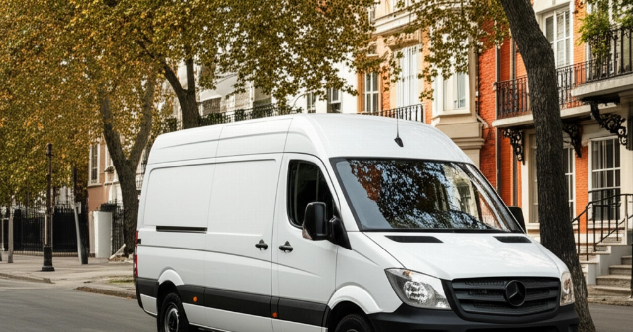 Furgone bianco moderno e compatto parcheggiato in una strada urbana tranquilla, che simboleggia un servizio di piccoli traslochi efficiente e accessibile.