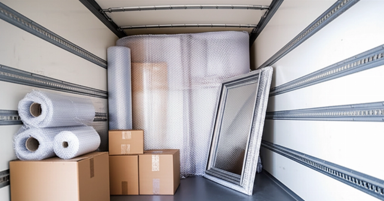 Interno di un camion per traslochi o di un magazzino, con scatole e oggetti imballati in pluriball.