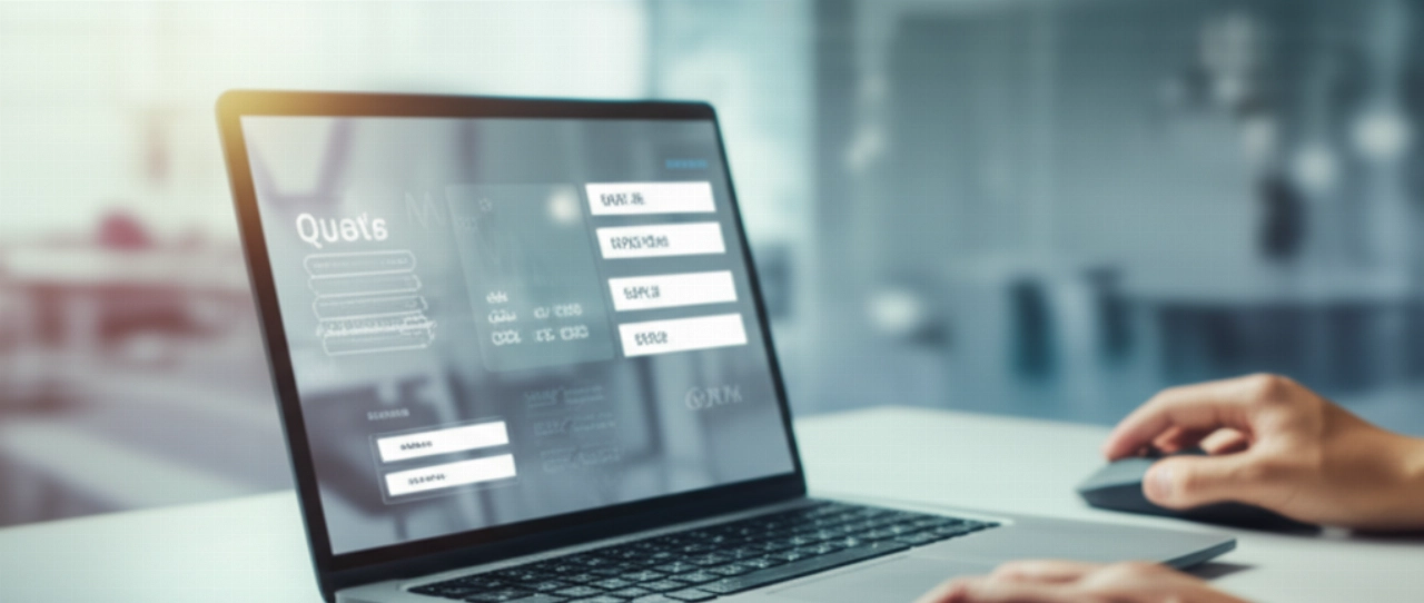 Schermo di laptop moderno con interfaccia di preventivo trasloco online, mano caucasica sul mouse, su una scrivania minimalista.