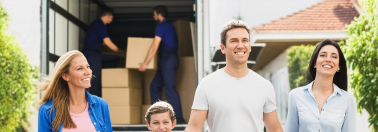 Famiglia caucasica felice e rilassata durante un trasloco efficiente, con traslocatori professionali sullo sfondo.
