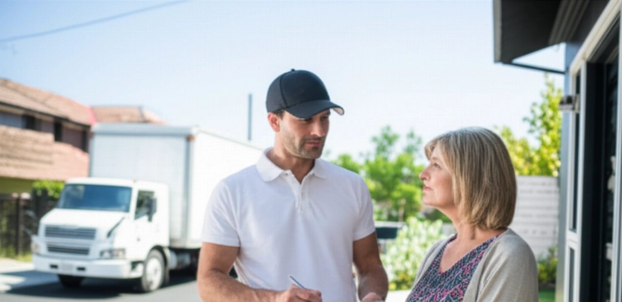 Un traslocatore professionista caucasico discute un preventivo con una proprietaria di casa davanti a un camion di trasloco.