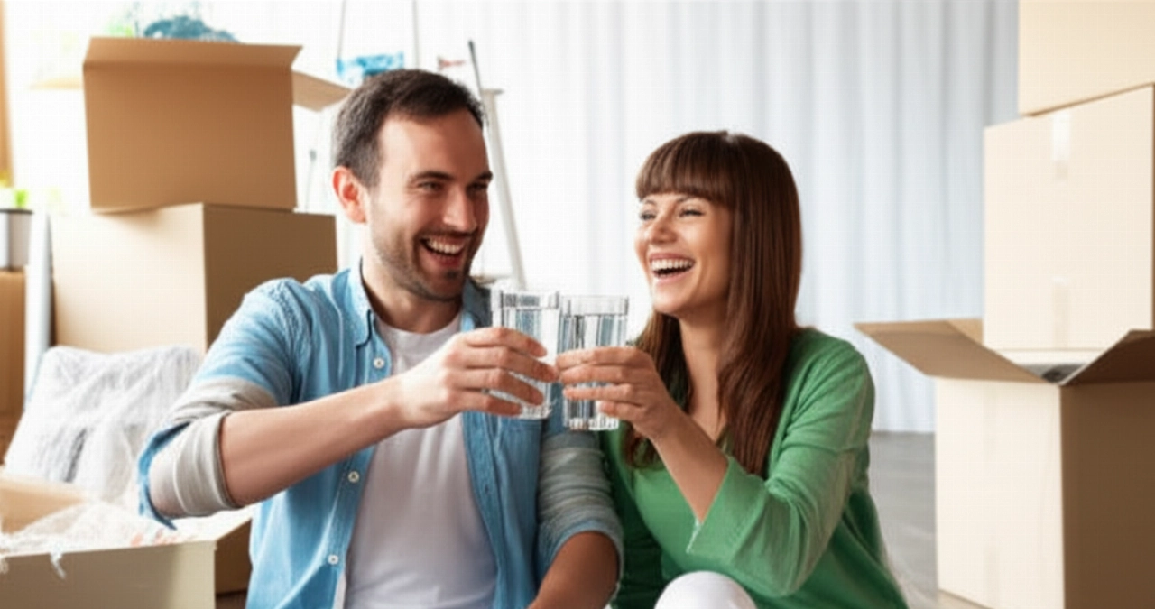 Coppia caucasica felice che celebra il successo del trasloco nel loro nuovo salotto, con scatole di trasloco sullo sfondo.