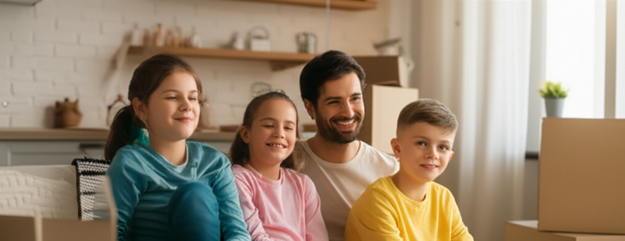Famiglia caucasica rilassata sul divano nella nuova casa dopo un trasloco riuscito, con scatoloni parzialmente disfatti.