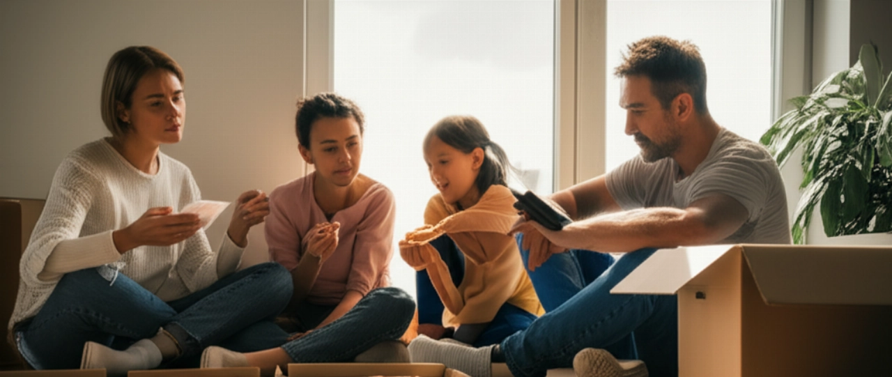 Una famiglia caucasica si rilassa sul pavimento del loro nuovo appartamento quasi vuoto, inondato di luce solare, un momento di sollievo dopo il trasloco e le sue spese.