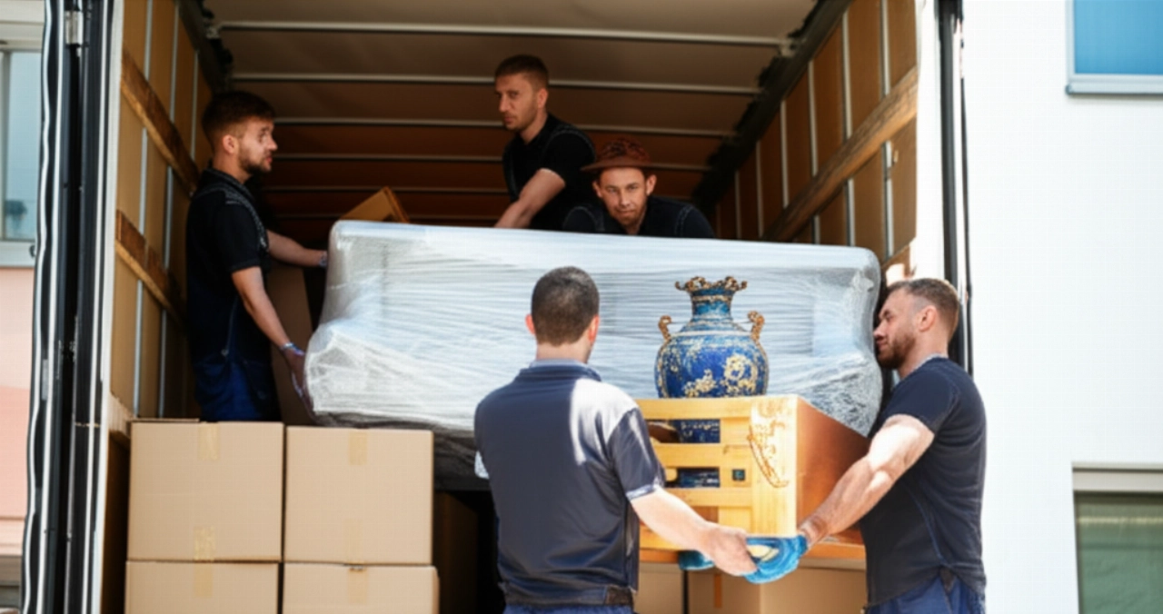 Traslocatori caucasici professionisti caricano con cura vari oggetti, inclusi mobili e scatoloni, su un camion.