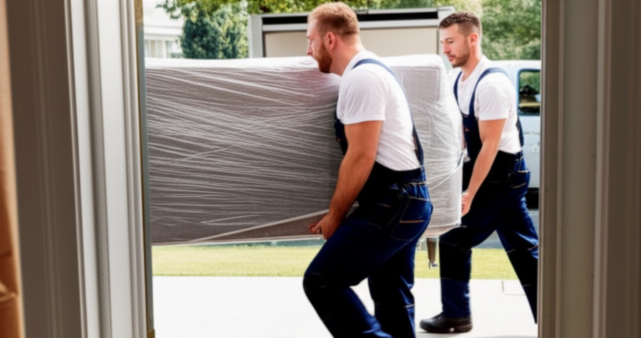 Due traslocatori professionisti trasportano un divano fuori da una casa verso un camion.